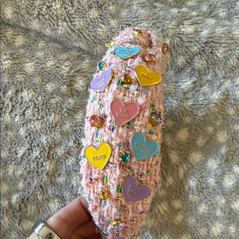 Pink Tweed Headband with Heart Charms